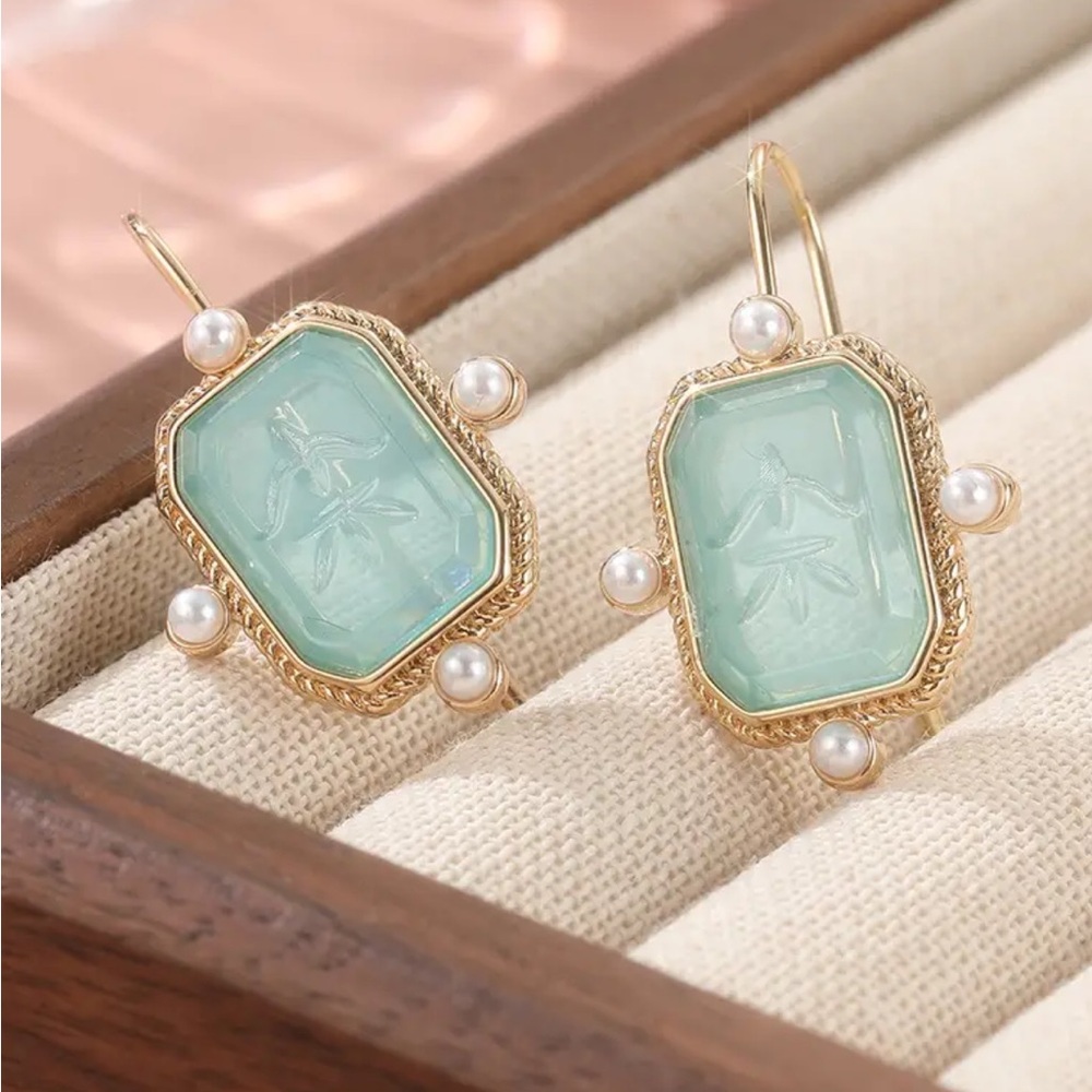Gold and Green Carved Stone Earrings with Pearl Accents